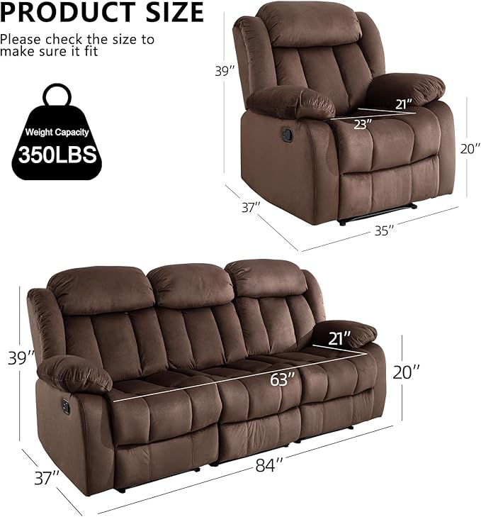 EBELLO Manual Reclining Sofa Set, Classic Recliner Sofa with Overstuffed Arms and Backrest, Includes 2 Recliner Chair and 1 3-Seat Couch, Brown