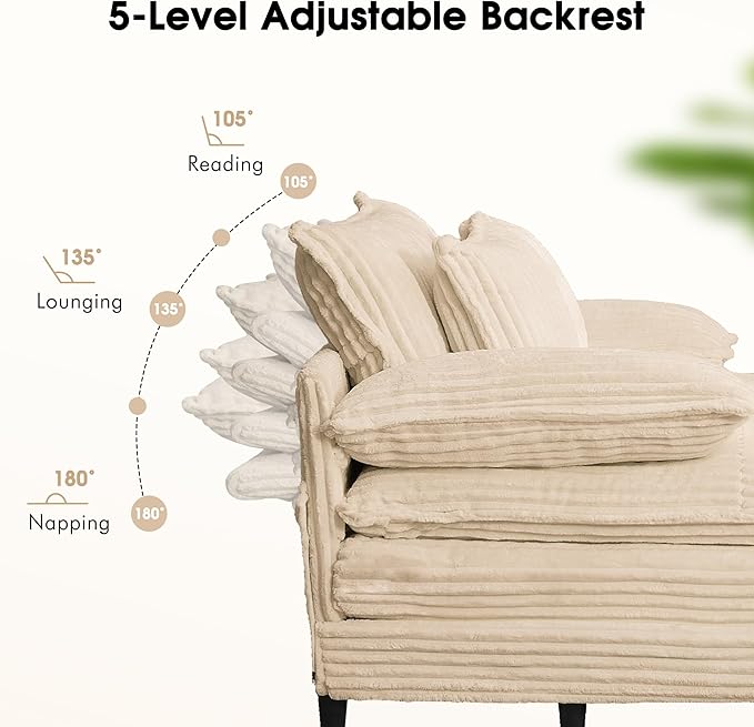 54.8" W Oversized Chaise Lounge Chair Indoor with 5-Position Adjustable Backrest, Corduroy Sleeper Sofa Bed with 3 Pillows, Modern Cloud Couch Chair for Living Room, Bedroom, Khaki
