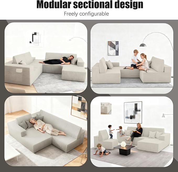 Komusou 142" Boneless Couch, Cloud Modular Sectional Sofa with L-Shape Chaise and Deep Seat, Modern Upholstered Couches for Living Room Bedroom No Assembly Required (Beige, Right Facing Chaise)