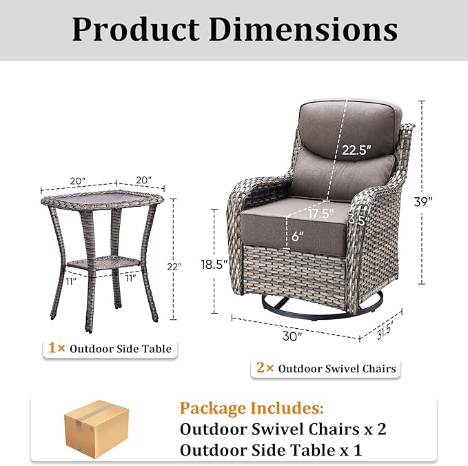 Pugire Luxury Outdoor Swivel Rocker Patio Chairs Set of 3, High Back Swivel Patio Chairs with Side Table & 6-Inch Thick Cushions, Wicker Outdoor Bistro Set for Porch, Yard, Deck, Poolside, Grey