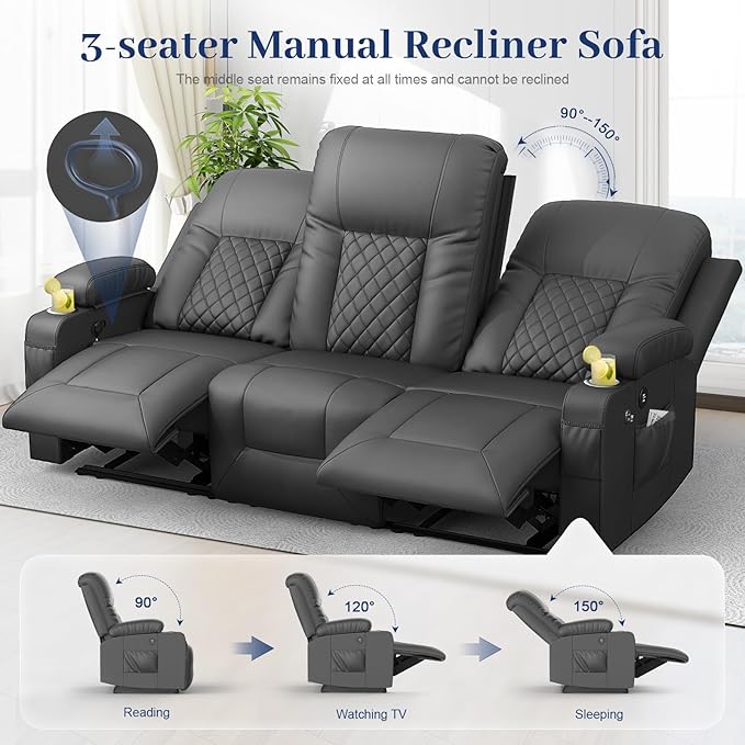 FURNIMAT Recliner Sofa, 3 Seats Dual Reclining Sofa, PU Leather Loveseat Couch, Modern Recliner Chair for Living Room, with Cup Holder and 2 Cell Phone Holder, USB Ports, Gray