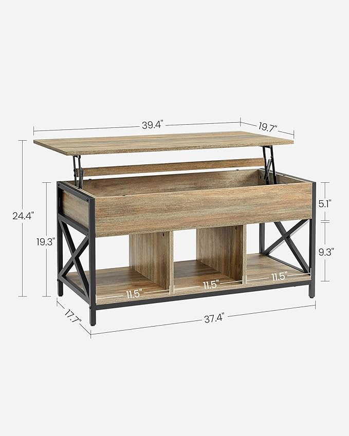 VASAGLE Lift Top Coffee Table, Lift Coffee Table with Storage Shelf, Hidden Compartments and Lifting Top, for Living Room, Office, 19.7 x 39.4 x (19.3-24.4) Inches, Oak with Blue Grains ULCT202B60