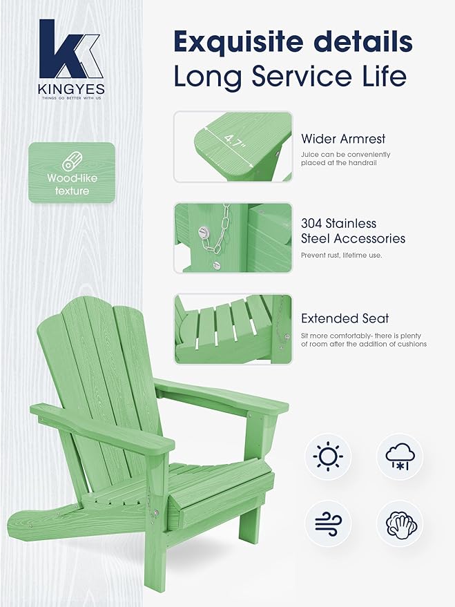 KINGYES Folding Adirondack Chair, HDPE All-Weather Patio Chairs, Wooden Textured Lawn Chair for Poolside, Backyard, Deck, Fire Pit, Light Green