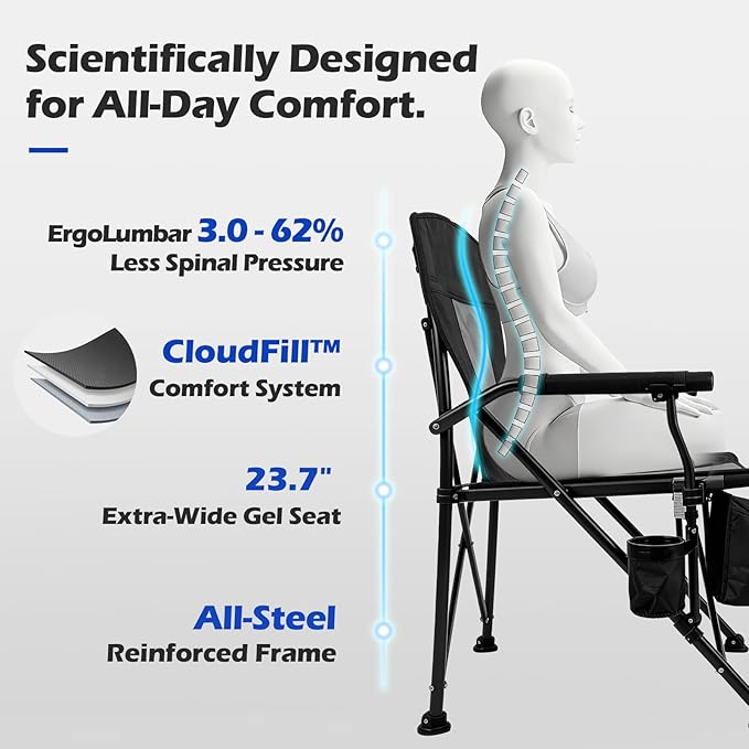 XL Premium Camping Chair - 400lb Capacity, Oversized 23.7" Wide Seat, Heavy Duty 600D Oxford Fabric, Padded Camping Chair Portable for Outdoor, Beach, Tailgate Parties Solid Slate