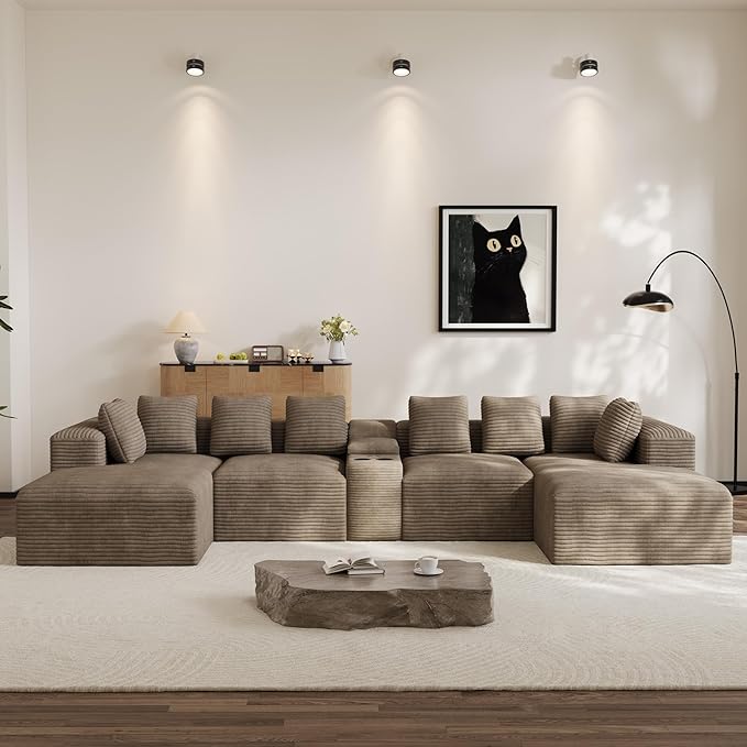 Modular Sectional Sofa with USB Cup Holders Storage, 143" U Shaped Cloud Couch Plush Corduroy Deep Seat Boneless Sofas with Double Chaise Lounge Sectional Couches Memory Foam for Living Room - Camel