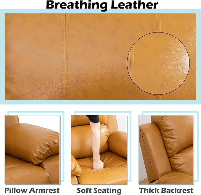 JBXBER Manual Recliner Sofa Set for Living Room, Leather Reclining Sofa Sets, Faux Leather Couch Set with Cup Holders, Drop-Down Table and Storage Console(Loveseat,Ginger)