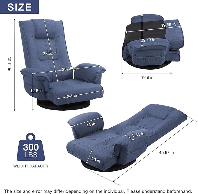 Ergonomic Swivel Floor Gaming Chair with Armrests & Side Pockets, 6-Position Reclining Sofa Bed, Foldable Padded Lounger with Thick Cushion & Lumbar Support for Esports, Reading, TV Watching (Blue)