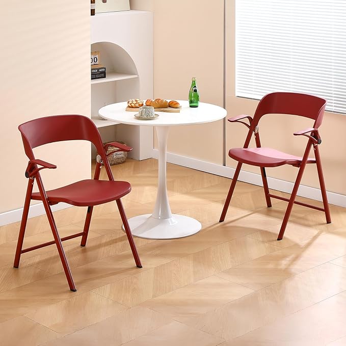 Office Chair Adjustable Arms, Plastic Folding Chairs for Outside, Collapsible Dining Chairs, Portable Foldable Chair for Indoor, Outdoor, Wedding, Party, Office, Balcony, Garden (Red, 2Pack)