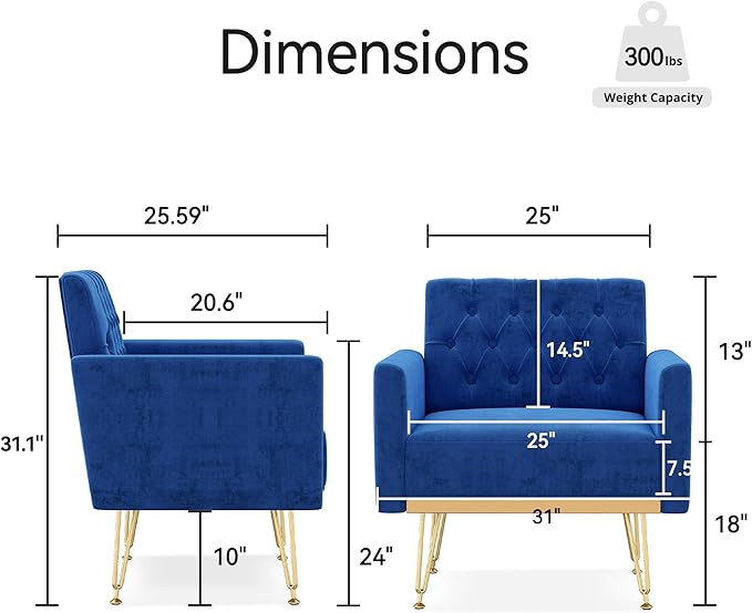 Accent Chair for Living Room, Comfy Oversized Velvet Upholstered Arm Chairs, Mid Century Modern Reading Single Sofa Side Chair with Tufted Back and Gold Legs for Bedroom (1, Navy)