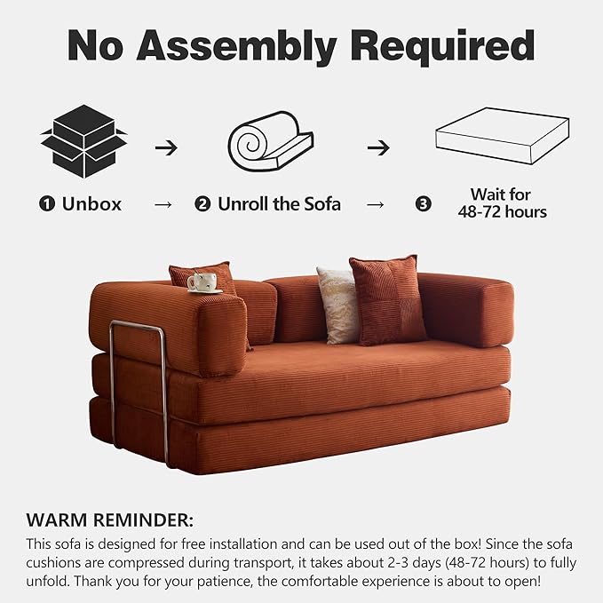 LIAROO 98.4" Convertible Sofa Bed - Compression Sofa with Corduroy Fabric - with Armrests and Backrest - Modular Sectional for Living Room, Bedroom, Studio - Compression Sofa in Box (Orange)