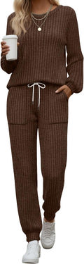 Sweetyweee Women's Ribbed Knit Lounge Sets 2 Piece Outfits Long Sleeve Pajamas Set Loungewear Sweatsuits Fall Pjs with Pocket