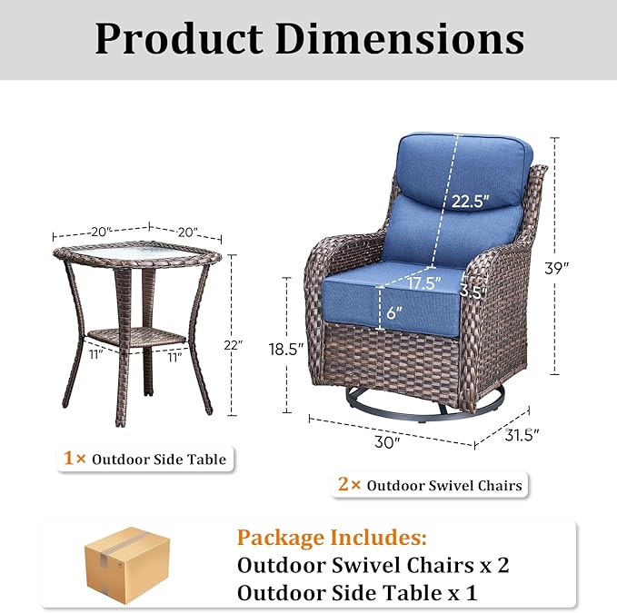 Pugire Luxury Outdoor Swivel Rocker Patio Chairs Set of 3, High Back Swivel Patio Chairs with Side Table & 6-Inch Thick Cushions, Wicker Outdoor Bistro Set for Porch, Yard, Deck, Poolside, Brown/Blue