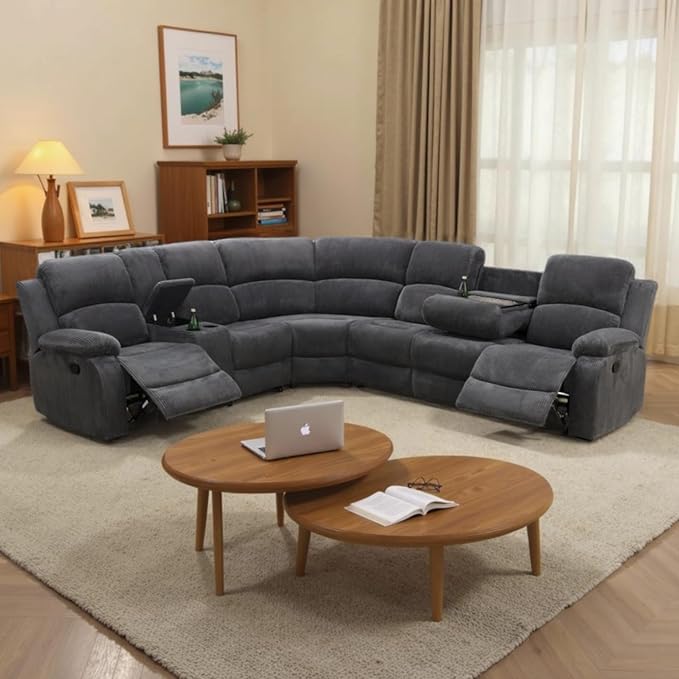 Manual Reclining Sofa Set with Drop-Down Table, Corduroy Sofa Sets, Living Room Furniture Sets, Modern Manual Recliner Sofa Sets with Storage Console for Living Room (Dark Grey, Sectional)