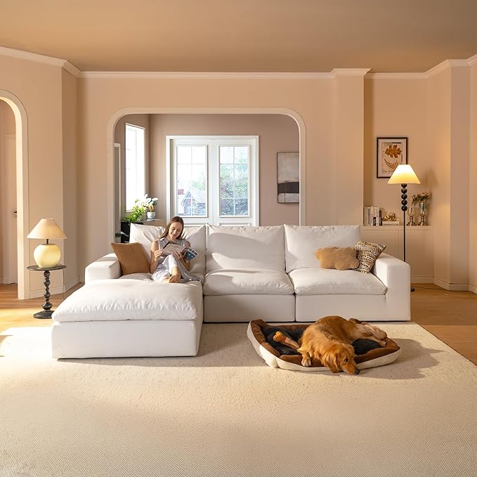Vorthio Cloud Couch Sectional Oversized Modular Sofa with 35'' Deep Seat Boneless Couch L-Shape Comfy Sofa Stain-Resistant White Sectional Couches for Living Room Apartment 3 Seater + 1 Ottoman
