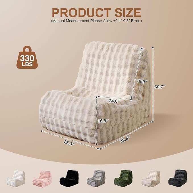 Bean Bag Chair for Adults, Giant Beanbag Lounger with Plush Faux Fur, Comfy Memory Foam Chair Floor Lazy Chair for Living Room Bedroom Dorm Apartment Reading Nook，Beige
