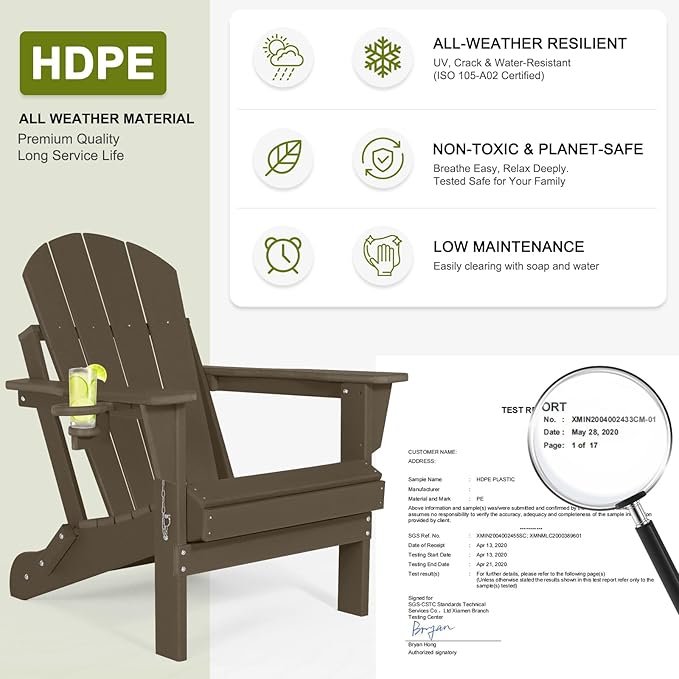 Folding Adirondack Chairs Set of 2 - Plastic Adirondack Chairs with Cup Holder, Weather Resistant for Outdoor, Patio, Lawn, Garden, Backyard Deck, Fire Pit - Dark Brown