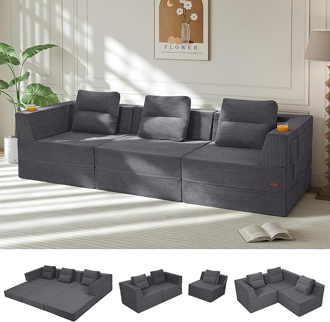 COMAX Futon Sofa Bed 3 Seater, 106" Convertible Sofa Bed Couches for Living Room, 4 in 1 Folding Boneless Sleeper Corduroy Couch Foam in a Box, Comfy Foldable Lounge Fold Out Floor Mattress, Grey
