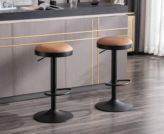 EALSON Modern Swivel Bar Stools Set of 4 Adjustable Counter Height Backless Barstools with Metal Base Leather Upholstered Round Bar Stool Chairs for Kitchen Island/Pub/Breakfast Bar, Brown