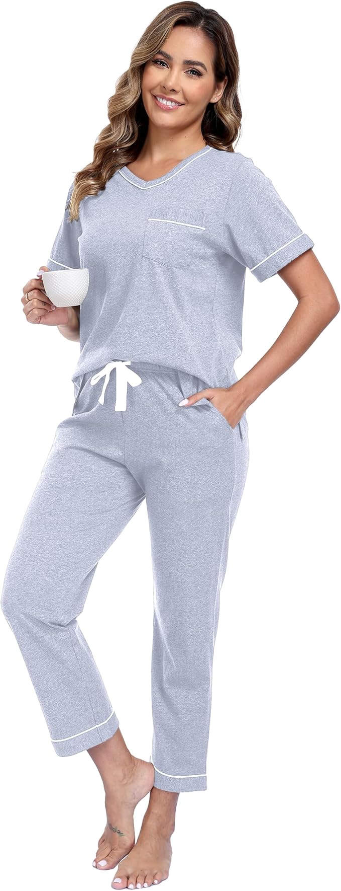 CF Women's 100% Cotton Pajama Sets Soft Short Sleeve Tops & Pants Comfy Sleepwear 2 Piece Lounge set with Pockets Loungewear