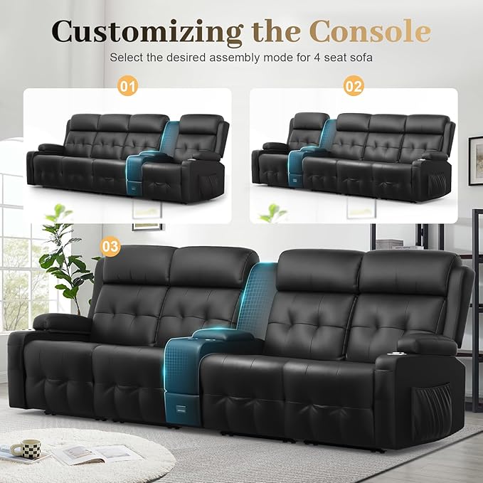 Aotolo Recliner Sofa, 4 Seater Massage Reclining Loveseat Sofa Sets, 1 Single Power Recliner Chairs Heat & Massage, Heavy Weight Capacity, RV Clearance Love Seat Couch with Console, USB, Type C Port