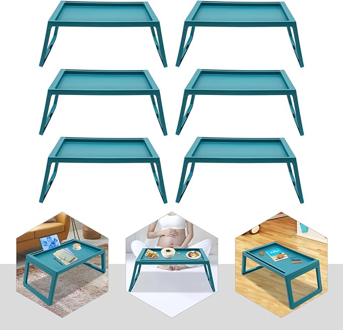 DUSNDULR 6 Pack Bed Tray Table, Foldable Laptop Desk Cute Serving Food Trays with Folding Legs & Charging Hole for Eating Reading Working (Blue)