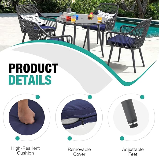 Patiorama Outdoor Dining Chairs, Patio Dining Chair Set of 6, All-Weather Woven Rope Rattan Chairs, Outdoor Dining Wicker Chair with Armrests for Indoor Balcony Pool Backyard(Blue)