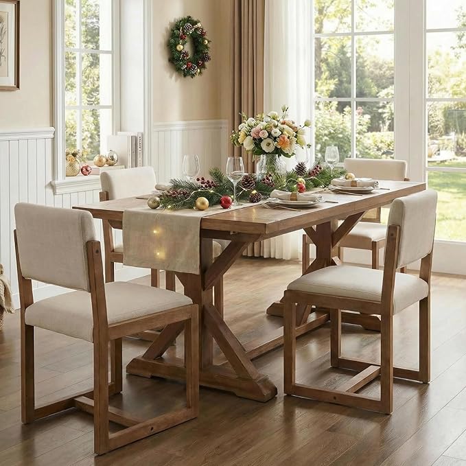 DUOMAY Upholstered Dining Chairs Set of 4, Mid-Century Modern Dining Room Chairs, Linen Fabric Kitchen Side Chairs with Wood Legs, Beige
