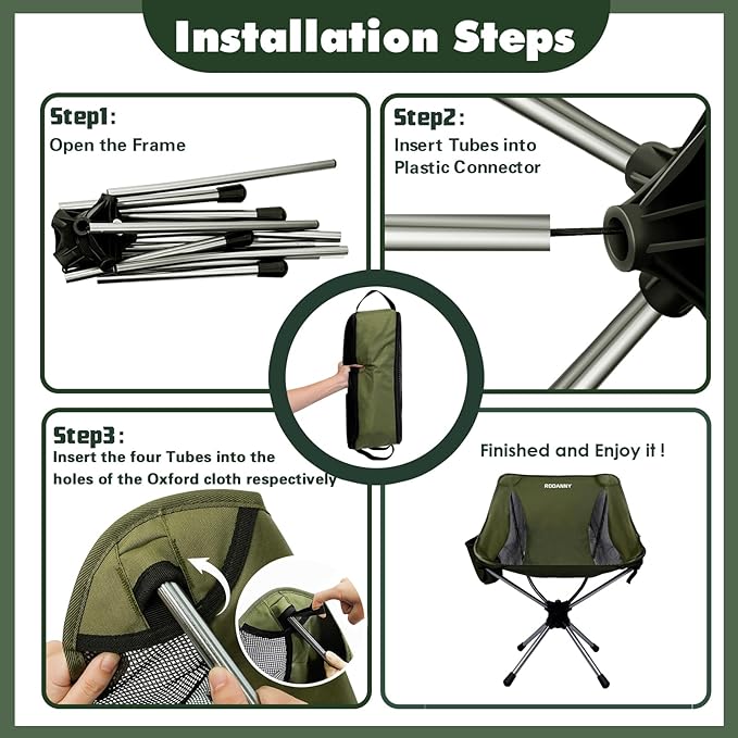 RODANNY Camping Chairs, 360° Degree Swivel Folding Chairs,Portabl Outdoor Chairs for Travel Hiking Fishing lawns Picnic Hunting,Support 305 LBS,Lghtweight,Green