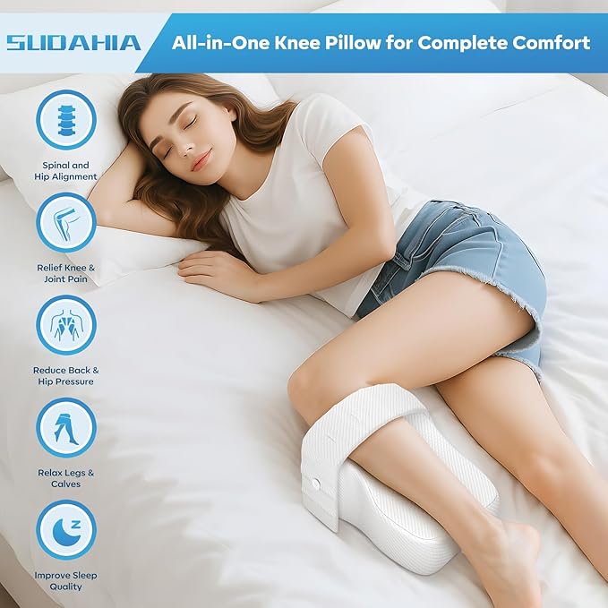 Knee Pillow for Side Sleeper with Adjustable Strap, Memory Foam Leg Support Cushion for Comfortable Sleep, Spine Alignment, and Relief of Sciatica, Back, Hip, Knee & Joint Pain