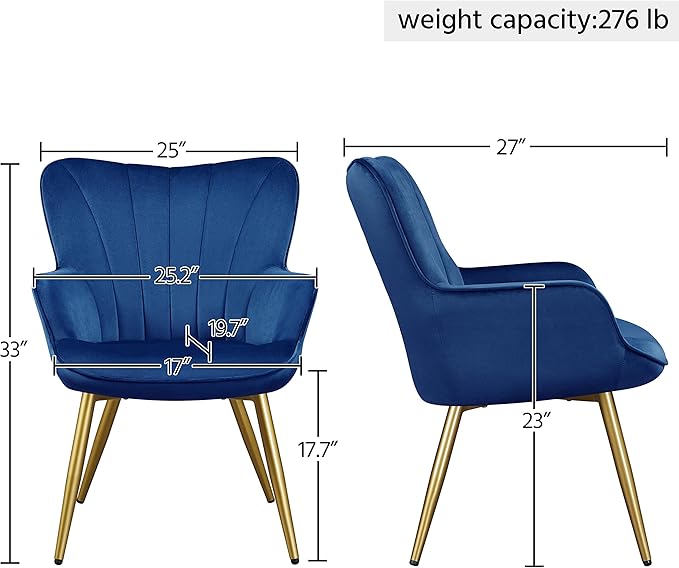 Yaheetech Velvet Accent Chair, Modern Armchair with Wing Side and Metal Legs, Cozy and Soft Padded and High Back for Living Room/Home Office/Bedroom, Set of 2, Blue
