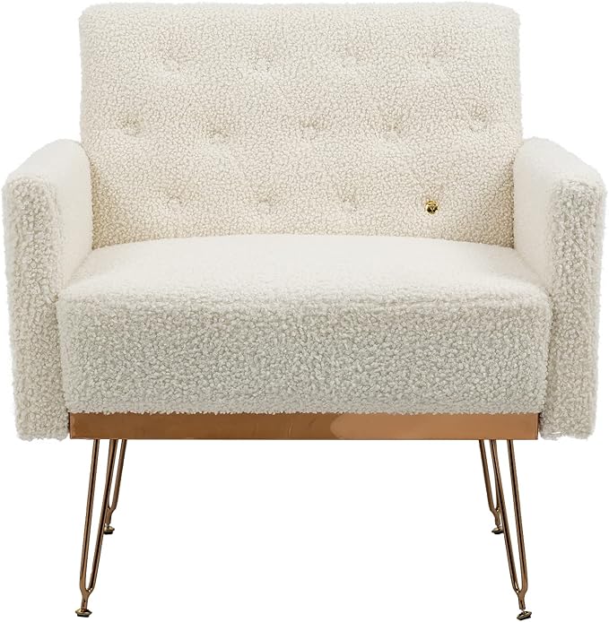 Accent Chair for Living Room, Comfy Oversized Velvet Upholstered Arm Chairs, Mid Century Modern Reading Single Sofa Side Chair with Tufted Back and Gold Legs for Bedroom (1, Teddy White)