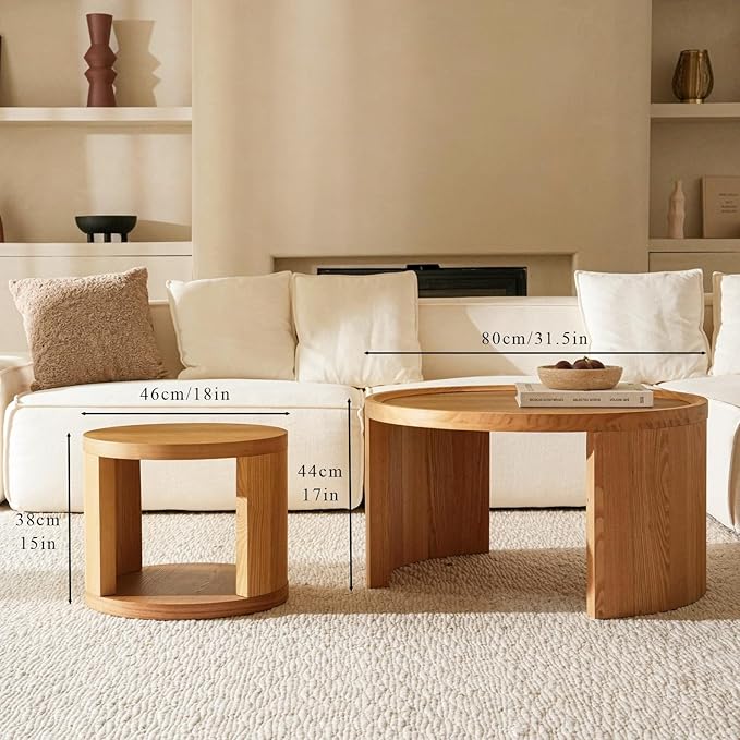 FAME HOME Round Nesting Coffee Table Set of 2,31.5" Large & 18" Small Low Tables with Wood Look Top,Space-Saving Side Tables for Living Room,Bedroom,Office,Minimalist Center Table Set (Brown, L+S)