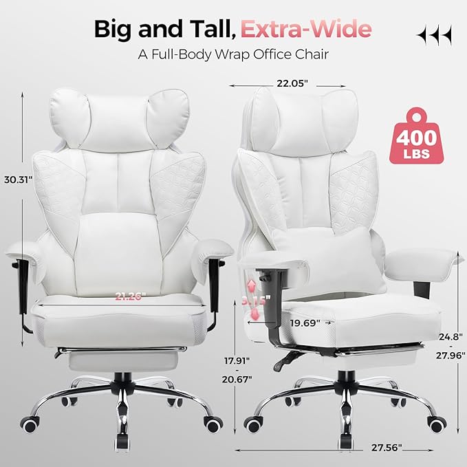 COMHOMA Desk Office Chair 400LBS Big and Tall Office Chairs Ergonomic Gaming Chairs with Wide Seat Leather High Back Chair with Foot Rest Adjustable Armrests Pocket Spring Lumbar Support