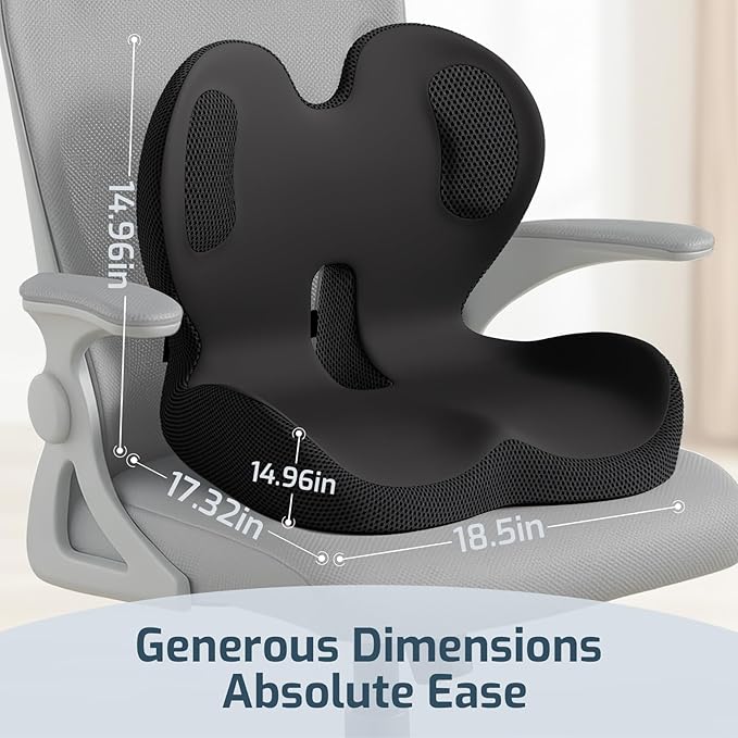 Office Chair Cushions with Lumbar Support Pillow, Soothe Back and Seat Cushion Memory Foam, Non Slip Adjustable Strap for Lower Back Pain Sciatica Relief Office Workers Car Drivers (Black+Ice Silk)