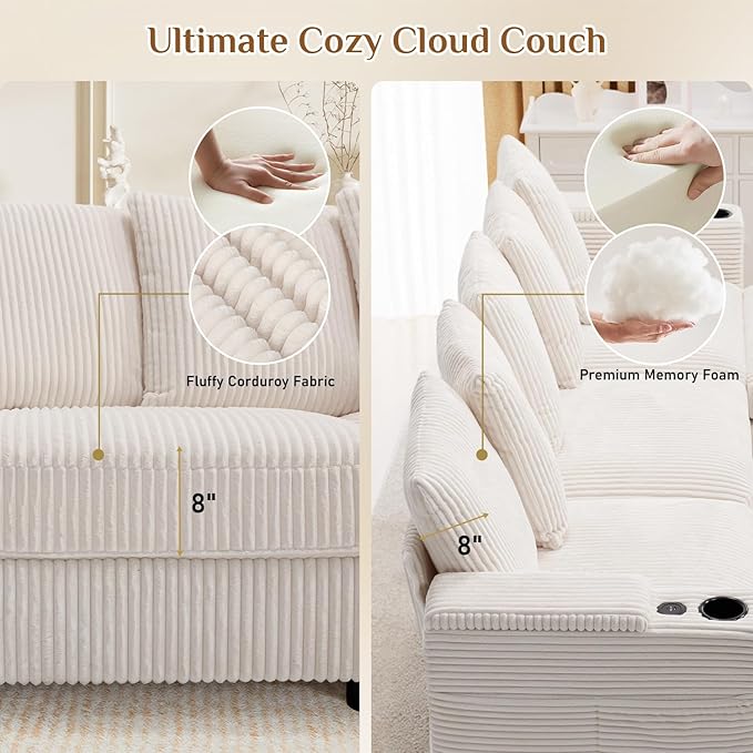110" W x 60" D U Shape Sectional Sofa with USB Charging & Cup Holder & Storage, 5 Seater Plush Corduroy Couches with Movable Ottoman, Cloud Couch Sofas for Living Room, DIY Combination - Beige White
