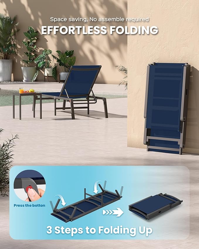 Pool Lounge Chairs Set of 2, Foldable Aluminum Chaise Lounge Outdoor with 5 Positions Recliner - Free Assembly - Patio Chaise Lounge Chair for Poolside, Beach, Yard (Navyblue, 2 Pack)