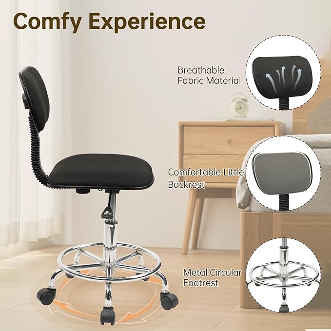 Low Wide Rolling Swivel Stool with Backrest, Adjustable Height Salon Chair Stools with Footrest for Spa Tattoo Office Desk Massage Task Lash Barber Facial, Black 1PK