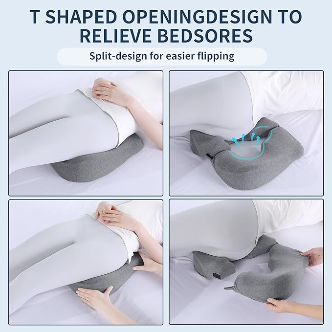 BALAPET Memory Foam Bed Sore Cushions for Butt, Ergonomic Bedsore Pressure Relief Pillow for Sleeping and Sitting, Removable T Shaped Opening Tailbone Cushion for Bed Sores on Buttocks(Grey)