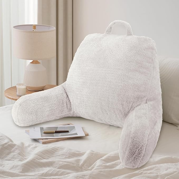 Blissful Diary Plush Velvet Reading Pillow for Kids/Teens/Adults, Back Rest Pillow for Sitting Up in Bed with Shredded Memory Foam, Includes Arms and Washable Cover, Pure White