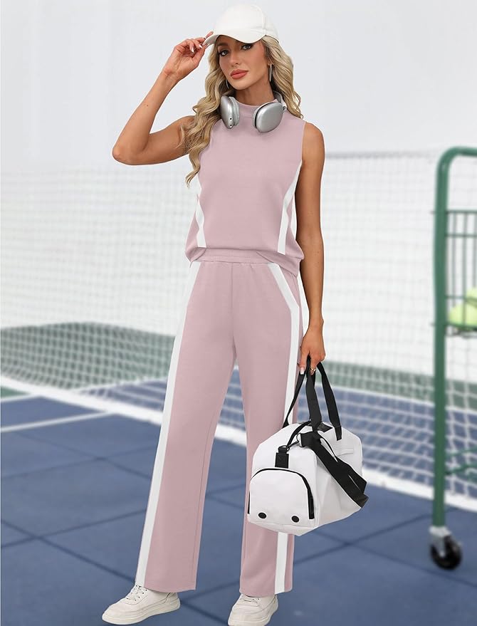 XIEERDUO Two Piece Sets for Women Summer Outfits Travel Mock Neck Lounge Sets Wide Leg Pants Beach Vacation Clothes