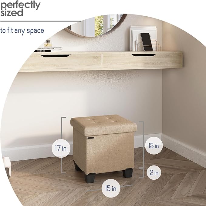 Storage Ottoman Cube with Small Bin, 16-in Square Ottoman with Storage for Living Room and Bedroom, Small Ottomans Foot Rest, Fabric Foot Stools Ottomans Max 330lbs, Taupe