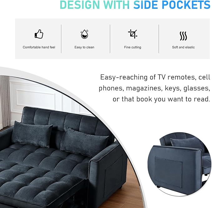 3 in 1 Convertible Sleeper Sofa Bed, Futon Couches for Living Room with Side Pocket | Adjustable Backrest| Velvet Fabric | Pull Out Couch | Love seat Sofa|2-seat Sofa Bed (Black)