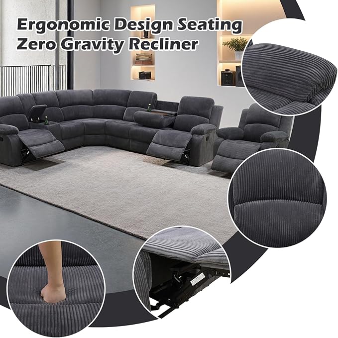 SIENWIEY Manual Recliner Sectional Sofa for Living Room,L Shaped Reclining Sectional Corner Couch with Chair,Gray Corduroy Recliner Sofa Set with Storage Console/Drop Down Coffee Table/Cup Holders