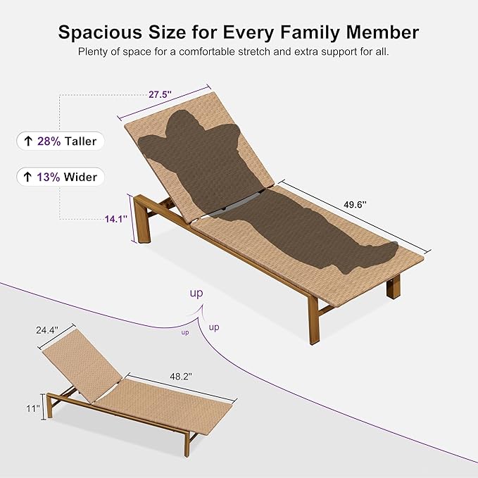 PURPLE LEAF Oversize Patio Wicker Chaise Lounge 2 Piece, Aluminum Outdoor Pool Lounge Chair with Adjustment Backrest, Breathable Lounger Sunbath Tanning Recliner for Poolside, Garden, Light Brown