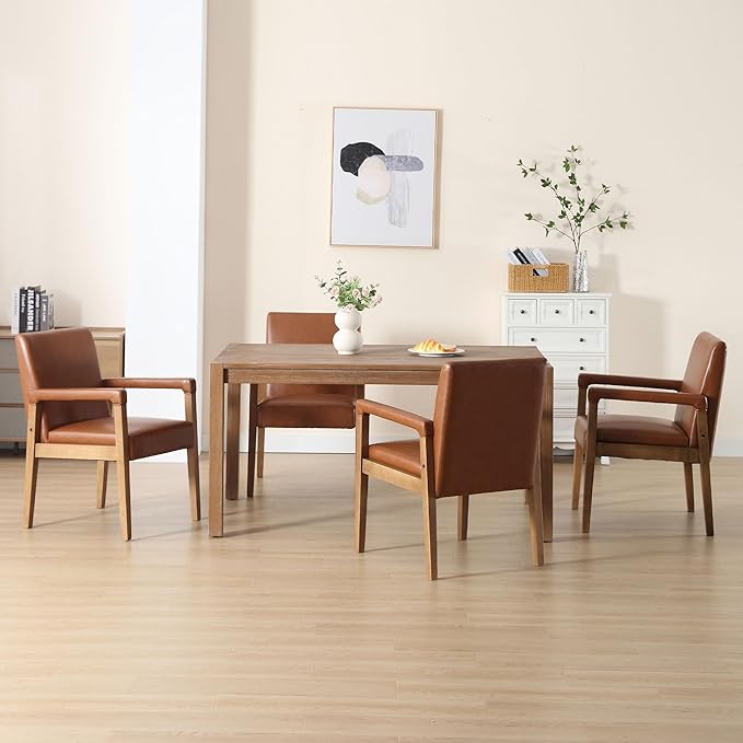 DM Furniture Mid Century Modern Dining Chairs Set of 4 Faux Leather Upholstered Accent Chairs Comfy Kitchen Chairs with Solid Wood Frame Armchair for Living Room, Brown