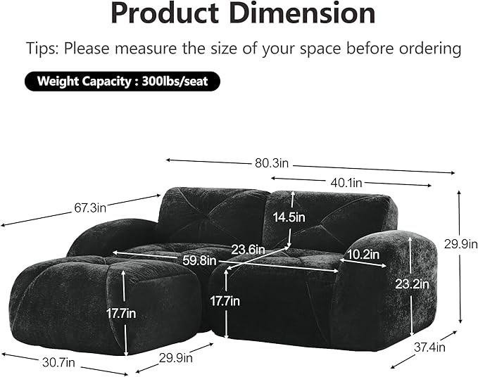 Modular Sectional Sofa with Free Combination,Boneless Floor Couch for Small Spaces, Living Room & Lounge,Velvet 2-Seater Sectional Couch with Ottoman,No Assembly Needed