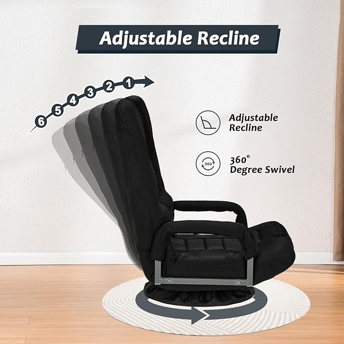 360° Swivel Gaming Chair 6 Adjustable Positions Backrest with Armrest Foldable Floor Chairs Suitable for Reading, Relaxing, Mediation,Black