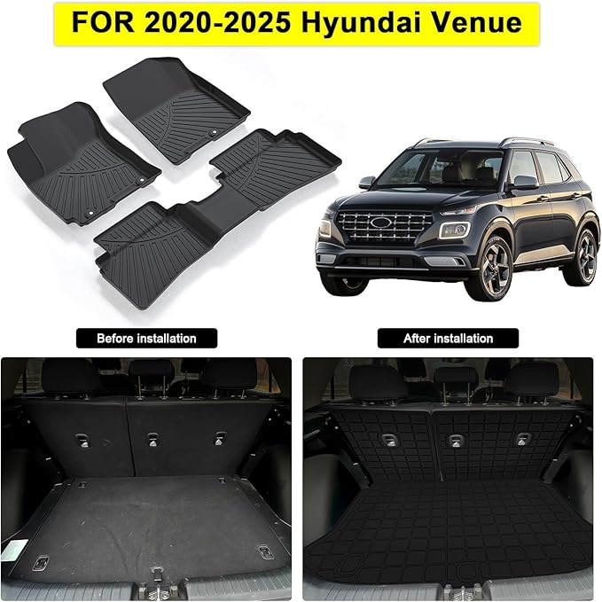 Floor Mats for 2020-2025 Hyundai Venue (Cargo Mat Only Fit Upper Layer) & Backrest Mat,TPE All Weather Protection Car Mats with Trunk Mat Covering The Backrest Full Set Accessories