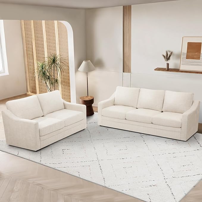 ACMEASE 2 Pieces Chenille Sofa Sets w/Comfortable Back Cushions, Upholstered Loveseat & Sofa w/Deep Seat Space, Modern 2 Seat & 3 Seats Couch Sets w/High Resiliency Foam for Living Room, Office, Beige
