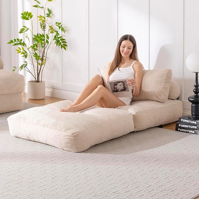 Waxberry Folding Sofa Bed, Convertible Sleeper Chair Couch Bed, Corduroy Upholstered Boneless Sofa for Living Room Bedroom, with Back Support Floor Couch, Beige